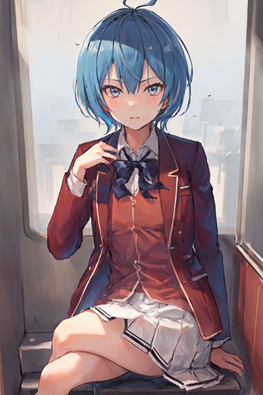 31907-1432048182-masterpiece, best quality, highres, 1girl ibuki mio short hair blue hair, white skirt red jacket open jacket  sitting, (crossed.png